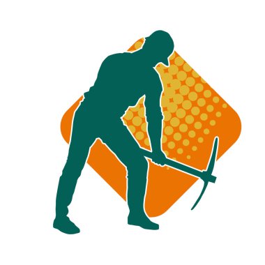 Görev sırasında baltayla dolaşan işçi kostümlü bir adamın silüeti. Bir madencinin hareket halindeki silueti balta aracı ile poz verir.