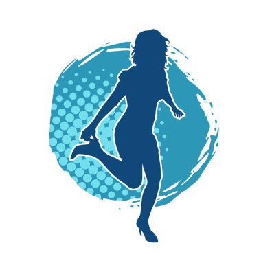 Hareketli pozlarda mini etek giyen bir kadın dansçının silueti. Zayıf bir kadının silueti mutlu bir şekilde dans ediyor..