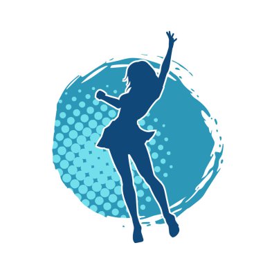 Hareketli pozlarda mini etek giyen bir kadın dansçının silueti. Zayıf bir kadının silueti mutlu bir şekilde dans ediyor..