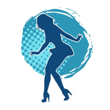 Hareketli pozlarda mini etek giyen bir kadın dansçının silueti. Zayıf bir kadının silueti mutlu bir şekilde dans ediyor..