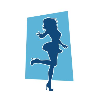 Hareketli pozlarda mini etek giyen bir kadın dansçının silueti. Zayıf bir kadının silueti mutlu bir şekilde dans ediyor..