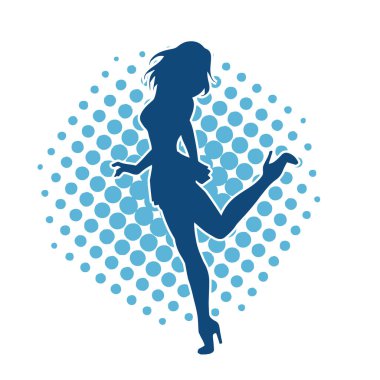 Hareketli pozlarda mini etek giyen bir kadın dansçının silueti. Zayıf bir kadının silueti mutlu bir şekilde dans ediyor..