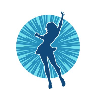 Hareketli pozlarda mini etek giyen bir kadın dansçının silueti. Zayıf bir kadının silueti mutlu bir şekilde dans ediyor..