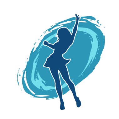 Hareketli pozlarda mini etek giyen bir kadın dansçının silueti. Zayıf bir kadının silueti mutlu bir şekilde dans ediyor..