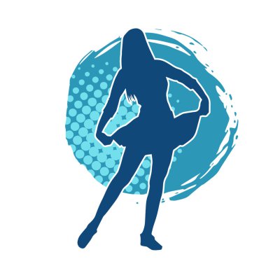 Hareketli pozlarda mini etek giyen bir kadın dansçının silueti. Zayıf bir kadının silueti mutlu bir şekilde dans ediyor..