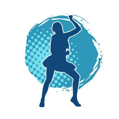 Hareketli pozlarda mini etek giyen bir kadın dansçının silueti. Zayıf bir kadının silueti mutlu bir şekilde dans ediyor..