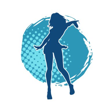 Hareketli pozlarda mini etek giyen bir kadın dansçının silueti. Zayıf bir kadının silueti mutlu bir şekilde dans ediyor..