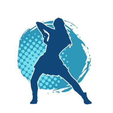 Hareketli pozlarda mini etek giyen bir kadın dansçının silueti. Zayıf bir kadının silueti mutlu bir şekilde dans ediyor..