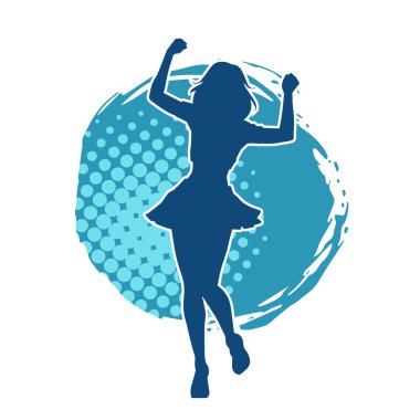 Hareketli pozlarda mini etek giyen bir kadın dansçının silueti. Zayıf bir kadının silueti mutlu bir şekilde dans ediyor..