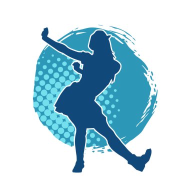 Hareketli pozlarda mini etek giyen bir kadın dansçının silueti. Zayıf bir kadının silueti mutlu bir şekilde dans ediyor..