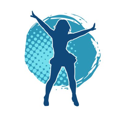 Hareketli pozlarda mini etek giyen bir kadın dansçının silueti. Zayıf bir kadının silueti mutlu bir şekilde dans ediyor..