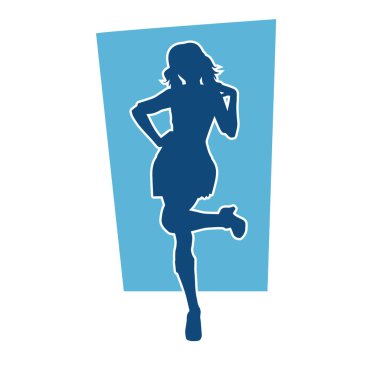 Hareketli pozlarda mini etek giyen bir kadın dansçının silueti. Zayıf bir kadının silueti mutlu bir şekilde dans ediyor..