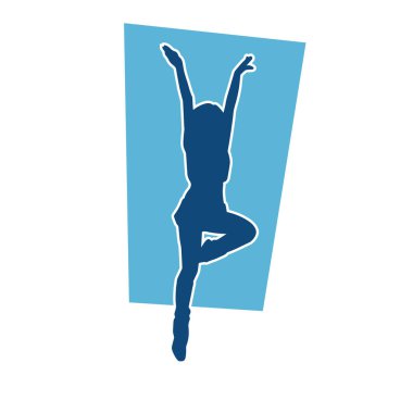 Hareketli pozlarda mini etek giyen bir kadın dansçının silueti. Zayıf bir kadının silueti mutlu bir şekilde dans ediyor..