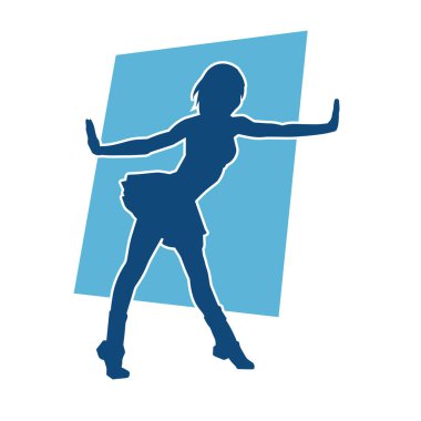 Hareketli pozlarda mini etek giyen bir kadın dansçının silueti. Zayıf bir kadının silueti mutlu bir şekilde dans ediyor..