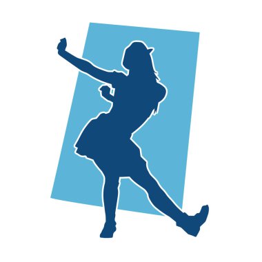 Hareketli pozlarda mini etek giyen bir kadın dansçının silueti. Zayıf bir kadının silueti mutlu bir şekilde dans ediyor..