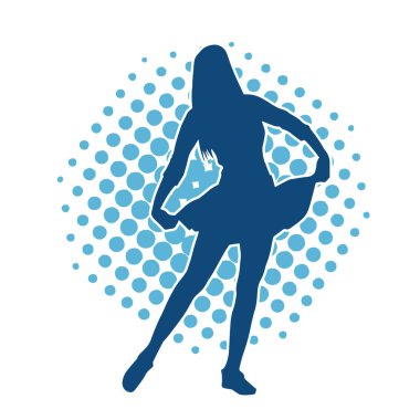 Hareketli pozlarda mini etek giyen bir kadın dansçının silueti. Zayıf bir kadının silueti mutlu bir şekilde dans ediyor..