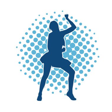 Hareketli pozlarda mini etek giyen bir kadın dansçının silueti. Zayıf bir kadının silueti mutlu bir şekilde dans ediyor..