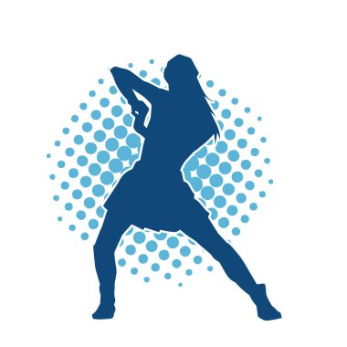 Hareketli pozlarda mini etek giyen bir kadın dansçının silueti. Zayıf bir kadının silueti mutlu bir şekilde dans ediyor..