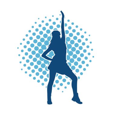 Hareketli pozlarda mini etek giyen bir kadın dansçının silueti. Zayıf bir kadının silueti mutlu bir şekilde dans ediyor..