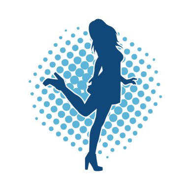 Hareketli pozlarda mini etek giyen bir kadın dansçının silueti. Zayıf bir kadının silueti mutlu bir şekilde dans ediyor..