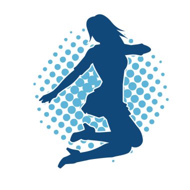 Hareketli pozlarda mini etek giyen bir kadın dansçının silueti. Zayıf bir kadının silueti mutlu bir şekilde dans ediyor..