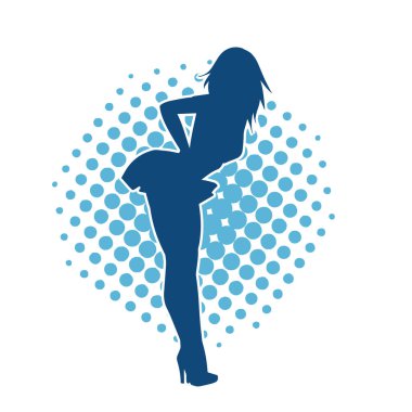 Hareketli pozlarda mini etek giyen bir kadın dansçının silueti. Zayıf bir kadının silueti mutlu bir şekilde dans ediyor..