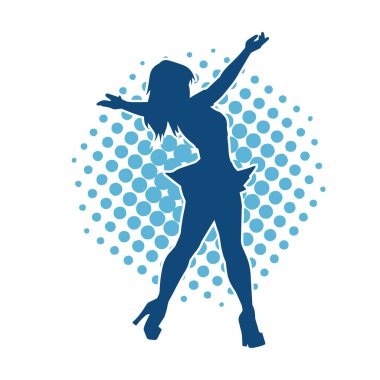 Hareketli pozlarda mini etek giyen bir kadın dansçının silueti. Zayıf bir kadının silueti mutlu bir şekilde dans ediyor..