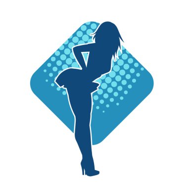 Hareketli pozlarda mini etek giyen bir kadın dansçının silueti. Zayıf bir kadının silueti mutlu bir şekilde dans ediyor..