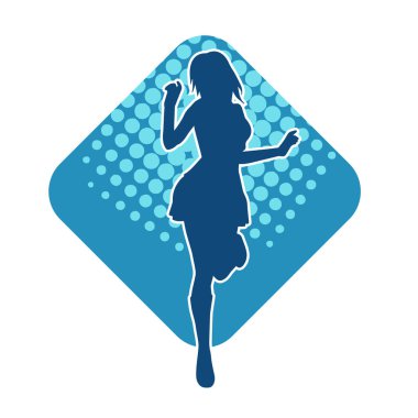 Hareketli pozlarda mini etek giyen bir kadın dansçının silueti. Zayıf bir kadının silueti mutlu bir şekilde dans ediyor..