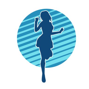 Hareketli pozlarda mini etek giyen bir kadın dansçının silueti. Zayıf bir kadının silueti mutlu bir şekilde dans ediyor..