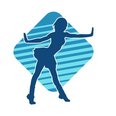 Hareketli pozlarda mini etek giyen bir kadın dansçının silueti. Zayıf bir kadının silueti mutlu bir şekilde dans ediyor..