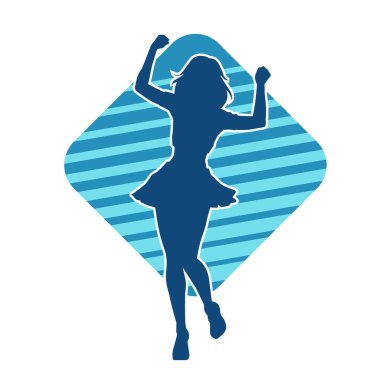 Hareketli pozlarda mini etek giyen bir kadın dansçının silueti. Zayıf bir kadının silueti mutlu bir şekilde dans ediyor..