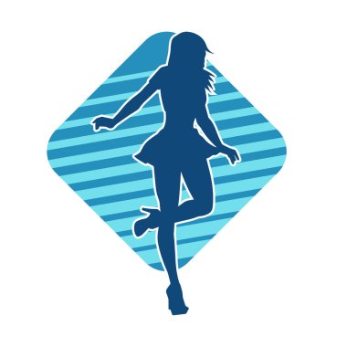 Hareketli pozlarda mini etek giyen bir kadın dansçının silueti. Zayıf bir kadının silueti mutlu bir şekilde dans ediyor..