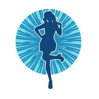 Hareketli pozlarda mini etek giyen bir kadın dansçının silueti. Zayıf bir kadının silueti mutlu bir şekilde dans ediyor..