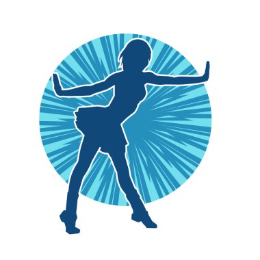 Hareketli pozlarda mini etek giyen bir kadın dansçının silueti. Zayıf bir kadının silueti mutlu bir şekilde dans ediyor..