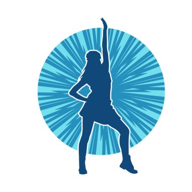 Hareketli pozlarda mini etek giyen bir kadın dansçının silueti. Zayıf bir kadının silueti mutlu bir şekilde dans ediyor..