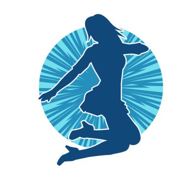 Hareketli pozlarda mini etek giyen bir kadın dansçının silueti. Zayıf bir kadının silueti mutlu bir şekilde dans ediyor..