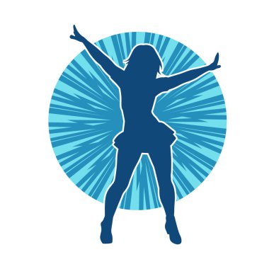 Hareketli pozlarda mini etek giyen bir kadın dansçının silueti. Zayıf bir kadının silueti mutlu bir şekilde dans ediyor..