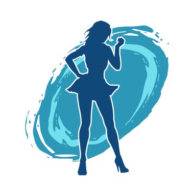 Hareketli pozlarda mini etek giyen bir kadın dansçının silueti. Zayıf bir kadının silueti mutlu bir şekilde dans ediyor..