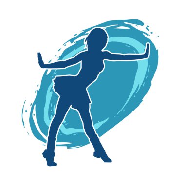 Hareketli pozlarda mini etek giyen bir kadın dansçının silueti. Zayıf bir kadının silueti mutlu bir şekilde dans ediyor..