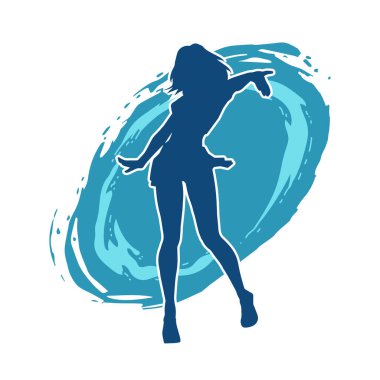 Hareketli pozlarda mini etek giyen bir kadın dansçının silueti. Zayıf bir kadının silueti mutlu bir şekilde dans ediyor..