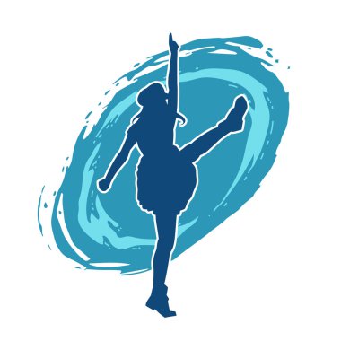 Hareketli pozlarda mini etek giyen bir kadın dansçının silueti. Zayıf bir kadının silueti mutlu bir şekilde dans ediyor..