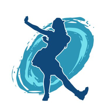 Hareketli pozlarda mini etek giyen bir kadın dansçının silueti. Zayıf bir kadının silueti mutlu bir şekilde dans ediyor..