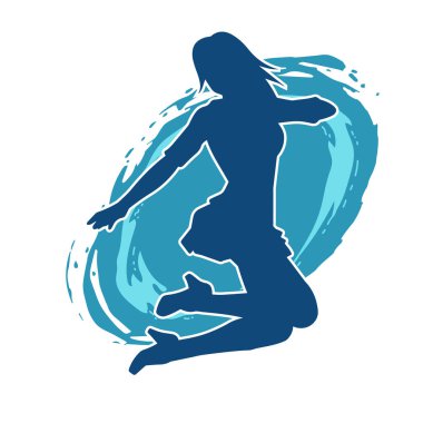 Hareketli pozlarda mini etek giyen bir kadın dansçının silueti. Zayıf bir kadının silueti mutlu bir şekilde dans ediyor..