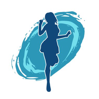 Hareketli pozlarda mini etek giyen bir kadın dansçının silueti. Zayıf bir kadının silueti mutlu bir şekilde dans ediyor..