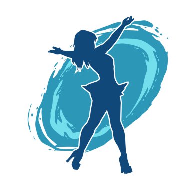 Hareketli pozlarda mini etek giyen bir kadın dansçının silueti. Zayıf bir kadının silueti mutlu bir şekilde dans ediyor..