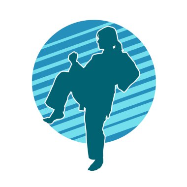 Dövüş sanatları yapan zayıf bir kadının silueti. Dövüş sanatlarında çalışan bir kadının silueti..