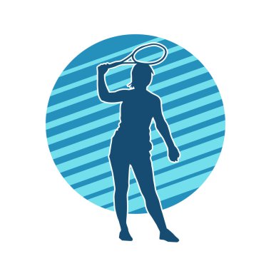 Hareketli bir bayan tenisçinin silueti. Raketle tenis oynayan bir kadının silueti..