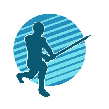 Bir erkek savaşçının silueti kılıçla poz veriyor. Kılıç taşıyan bir savaşçının silueti..