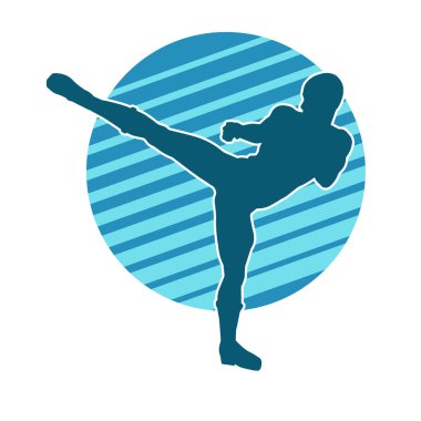 Dövüş sanatları pozu veren bir erkeğin silueti. Dövüş sanatları ustasının silueti tekme atma pozu veriyor..